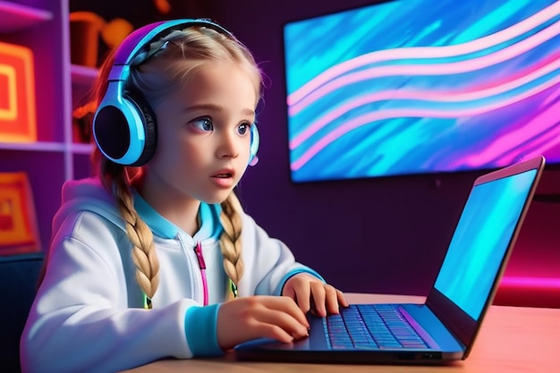 Amazed shocked cute preteen blonde girl with two braids using laptop with shining