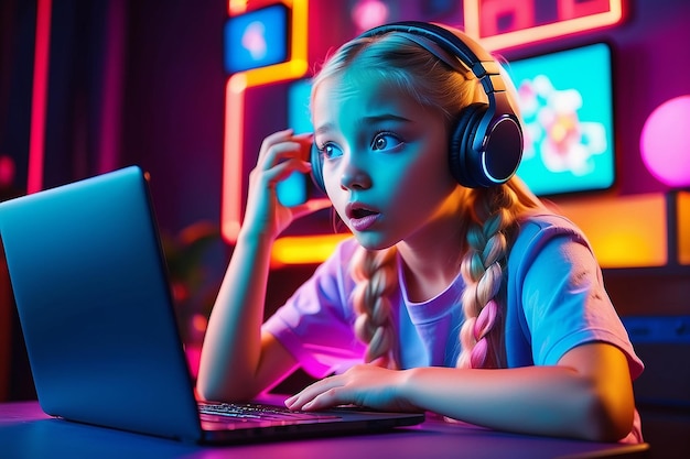 Amazed shocked cute preteen blonde girl with two braids using laptop with shining