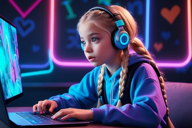 Amazed shocked cute preteen blonde girl with two braids using laptop with shining