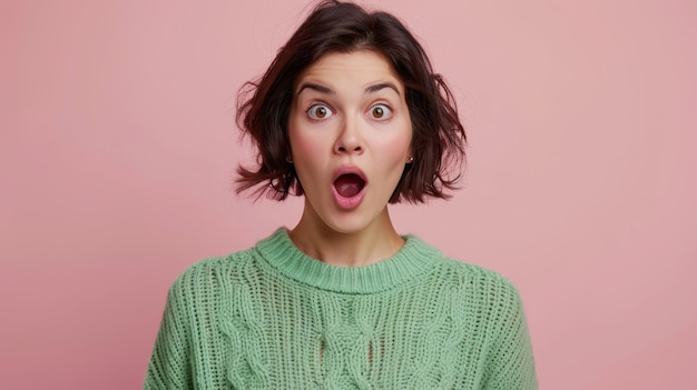 The amazed woman in green sweater