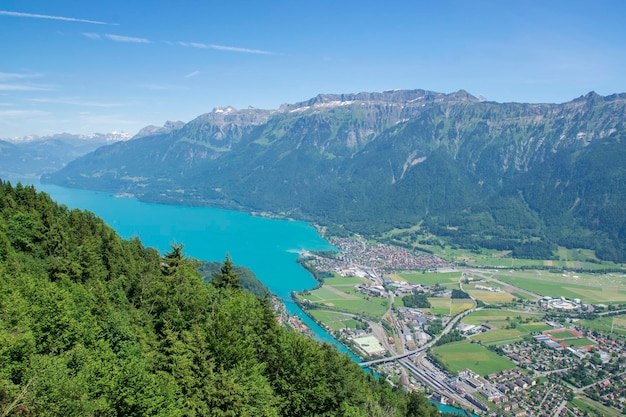 Amazing aerial city and nature view from top of Interlaken Harder Kulm Brienz lake view