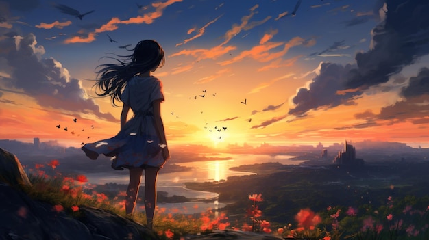 Amazing anime girl sky beach sunset painting wallpaper picture AI generated art