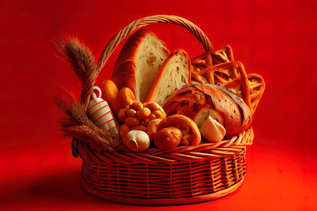 Amazing Assortment of baked bread in basket on red background