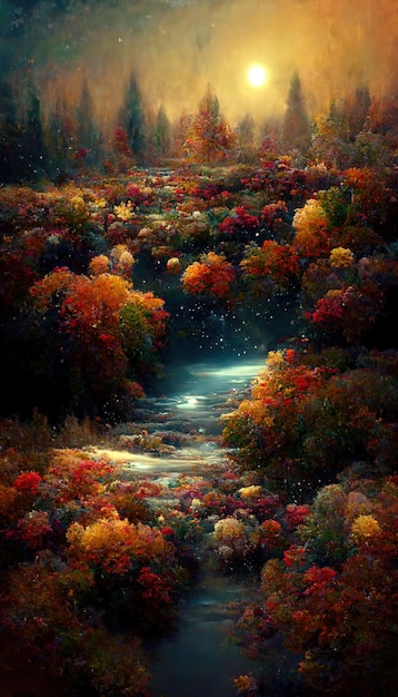 Amazing autumn landscape at night in moonlight idyllic peaceful nature scenery 3D illustration