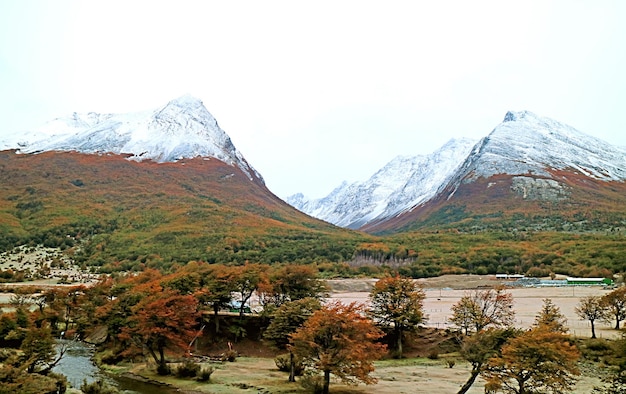 Amazing Autumn Landscape with Snowcapped Mountainrages in Tierra del Fuego Patagonia Argentina