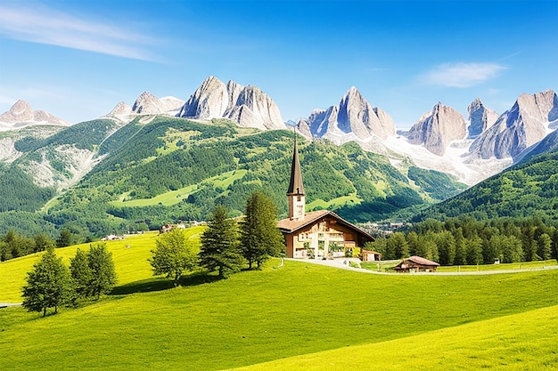 Amazing autumn scenery in santa maddalena village with church colorful trees and mountain