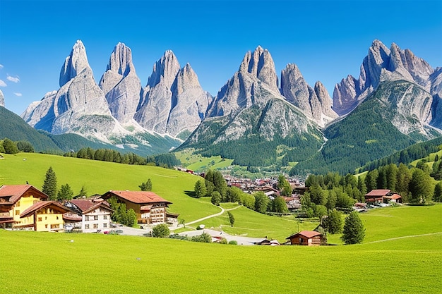 Amazing autumn scenery in santa maddalena village with church colorful trees and mountain