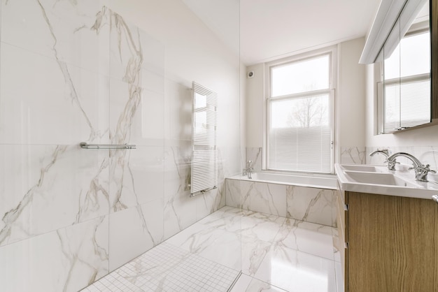 Amazing bathroom design with marble walls and floor