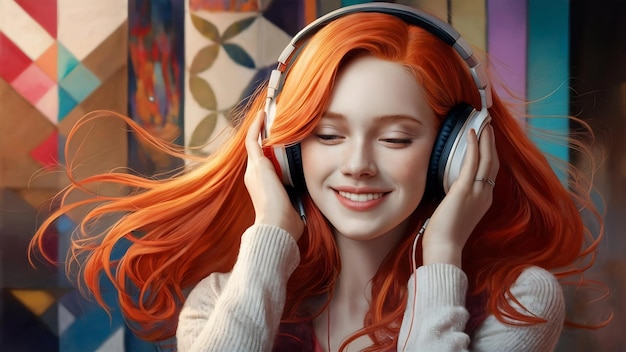 Amazing beautiful young redhead lady chatting and listening music