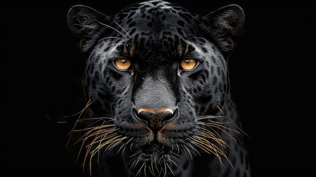 Amazing black panther with yellow eyes looking forward in black background wildlife photography