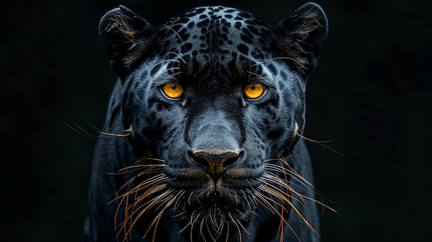 Amazing black panther with yellow eyes looking forward in black background wildlife photography