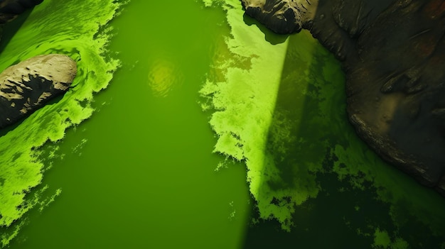 Amazing blooming algae on green river aerial view