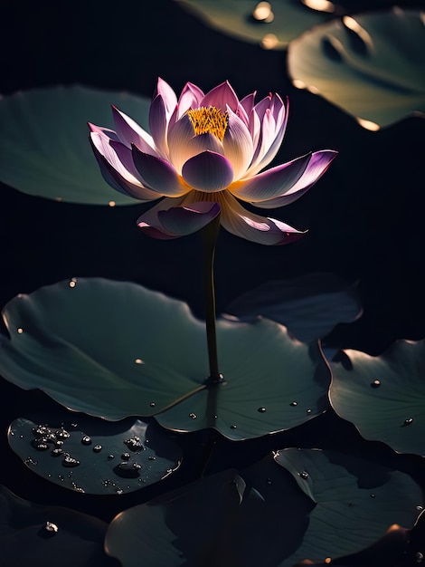 Amazing blooming waterlily on dark water surface at lotus pond space for text vertical