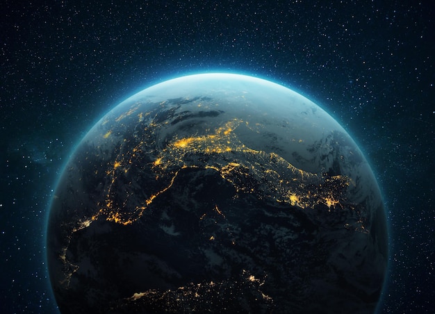 Amazing blue planet Earth with night yellow lights of megacities in space with stars Deep space with a planet Civilization concept Cities of Central Europe