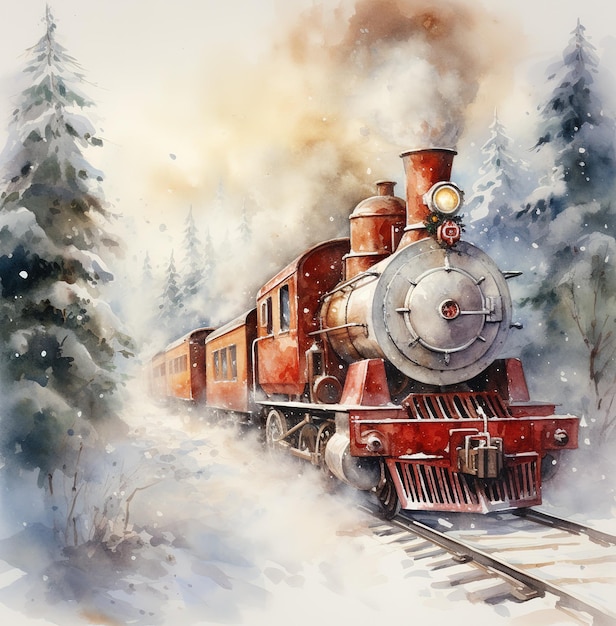 Amazing Christmas Santa train in a magical forest Unusual postcard illustration