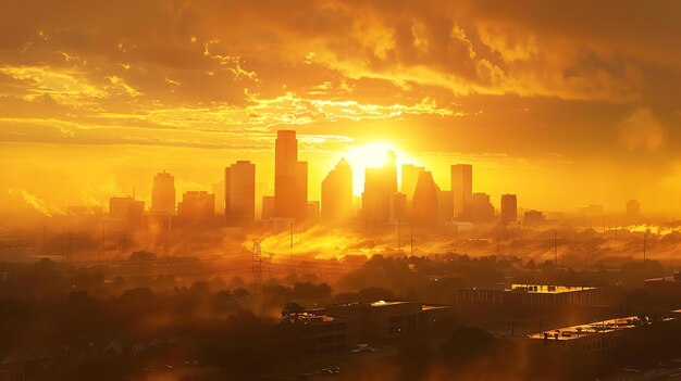 Amazing cityscape during sunrise with a bright shining sun and orange sky