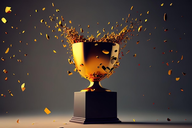 Amazing close up golden trophy award with falling confetti copy space for text 3d rendering Generative Ai