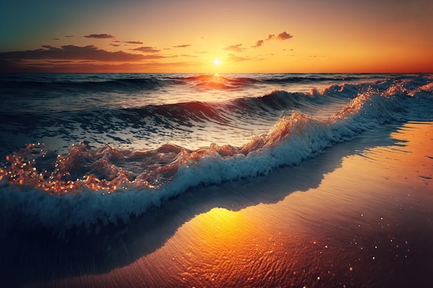 Amazing close up of still sea waves lit by orange sunrise and sunset sunshine unusual seaside