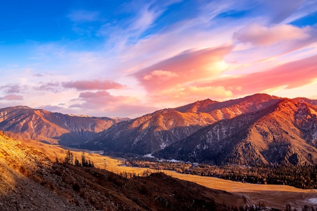 Amazing colorful sunset in the Altai Mountains, Russia.