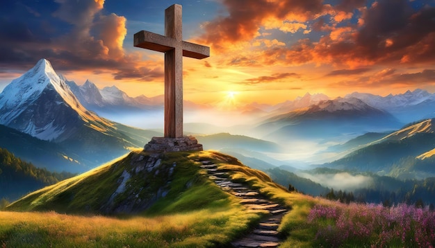 Amazing Cross silhouette on the top of a mountaintop with a sunset background