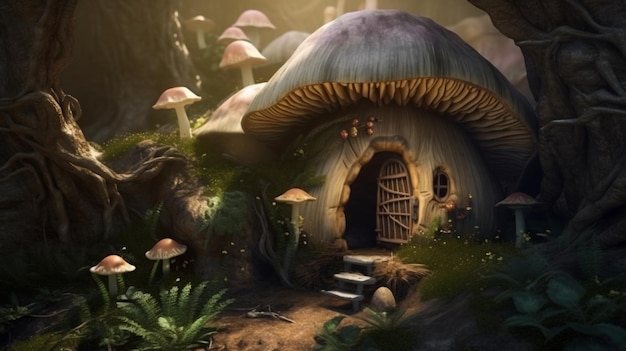 Amazing cute cartoon mushroom house on a meadow in the midst of magical forest