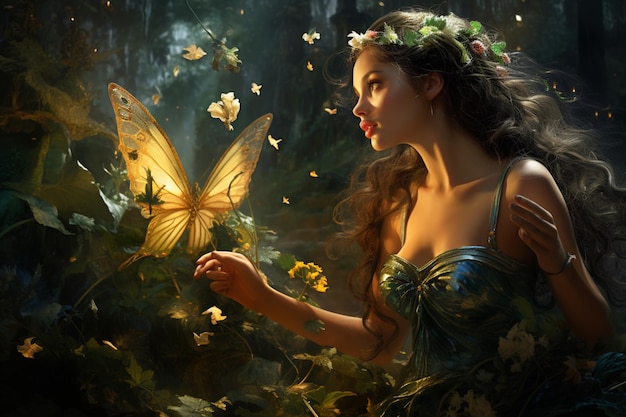 Amazing cute girl garden butterfly magical night background picture