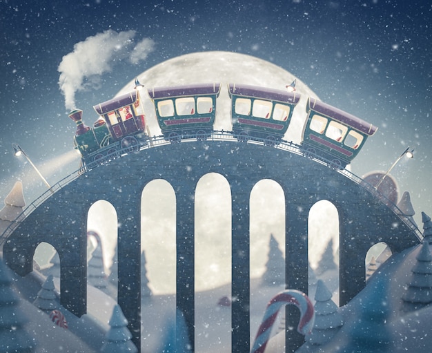 Amazing cute Santa's christmas train goes by a brige in north pole. Unusual christmas 3d illustration