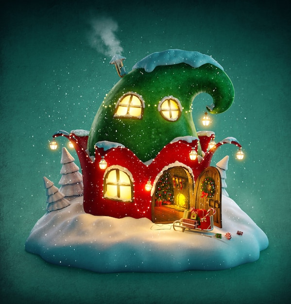 Amazing fairy house decorated at christmas in shape of elfs hat with opened door and fireplace inside. Unusual christmas illustration.