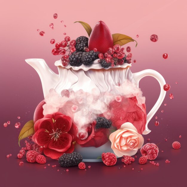 Amazing Fairy Tale Tea Pot with Berries and Flowers