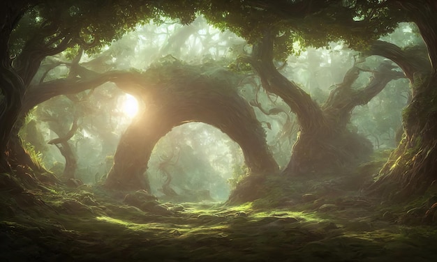 Amazing fantastic curved forest Forest landscape of trees in the rays of the sun 3d illustration