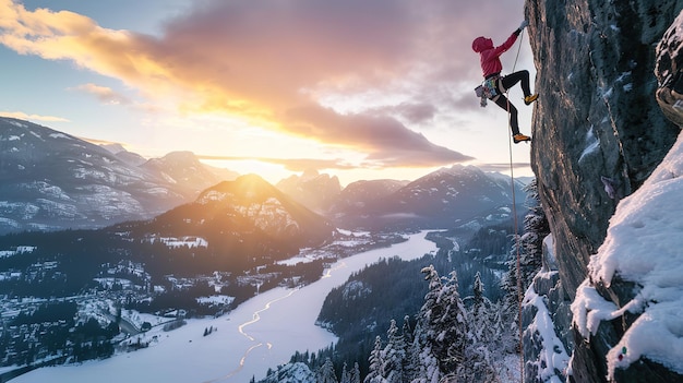 Amazing Female Rock climber climbing on the edge of the cliff during a sunny winter sunset