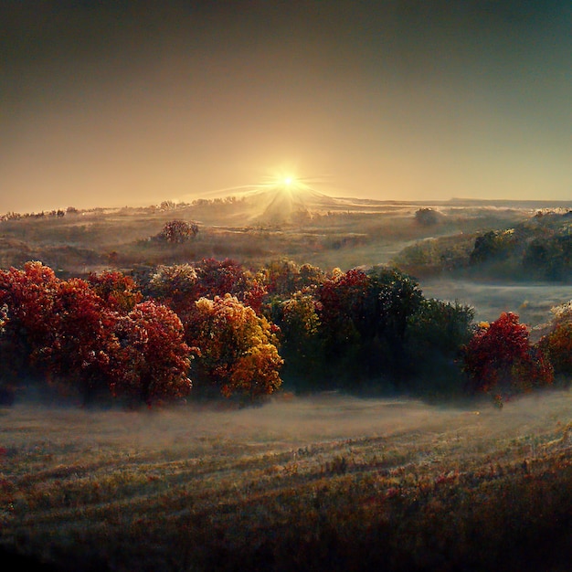 Amazing foggy autumn landscape Idyllic peaceful misty wild nature scenery 3D illustration