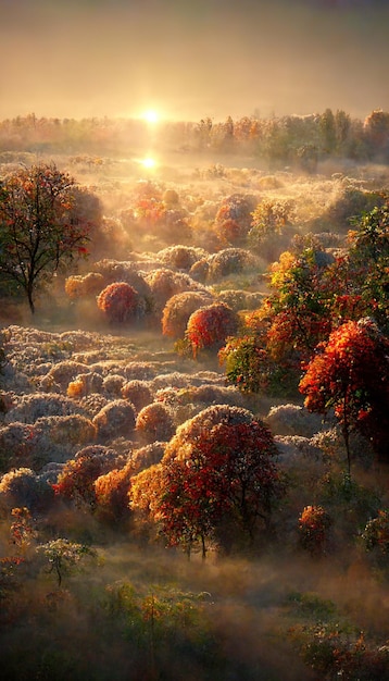 Amazing foggy autumn landscape Idyllic peaceful misty wild nature scenery 3D illustration