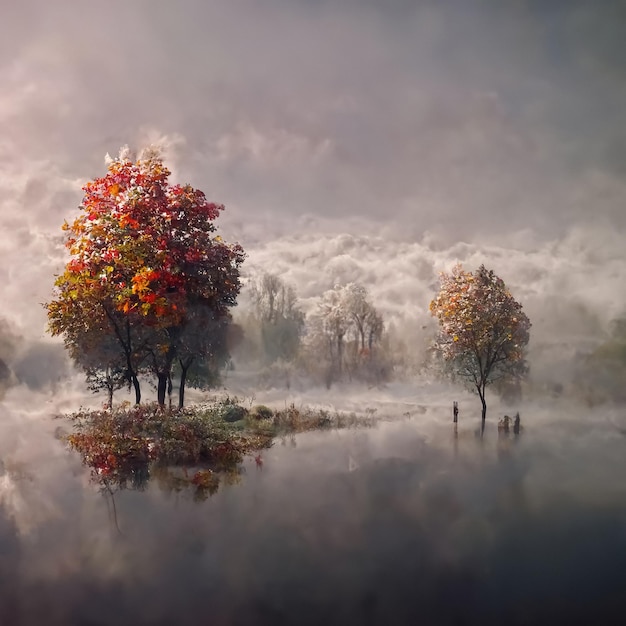 Amazing foggy autumn landscape Idyllic peaceful misty wild nature scenery 3D illustration