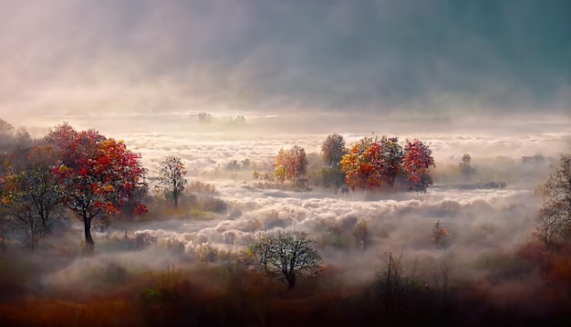 Amazing foggy autumn landscape Idyllic peaceful misty wild nature scenery Digital art