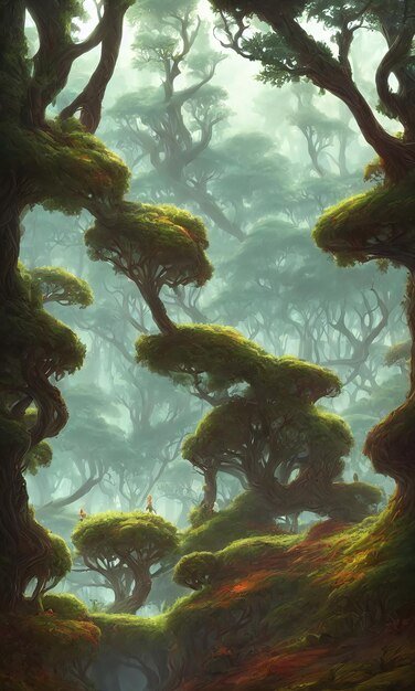 Amazing forest panorama of trees on a sunny summer day Centuriesold thick tree trunks Morning fog 3d illustration