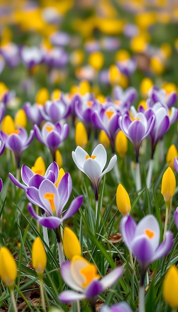 Photo amazing fresh meadow full of yellow and violet group crocuses in bloom view of magic blooming