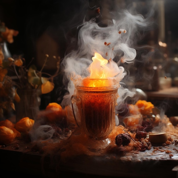 amazing glass of steaming hot coffee in a rustic setting