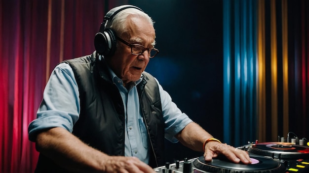 an amazing grandpa DJ older man djing and partying in a disco setting