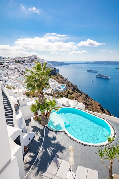 Amazing landscape, luxury travel vacation. White architecture Oia town on Santorini island, Greece