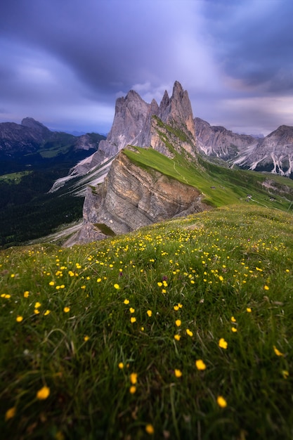 Amazing landscapes view of green mountain with blue sky on summer from Dolomites, Italy.