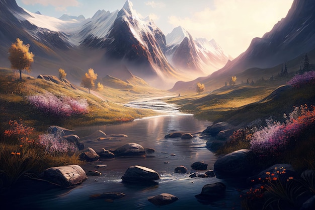 Amazing landscapes view of river and big mountain on sunrise Created with Generative AI technology