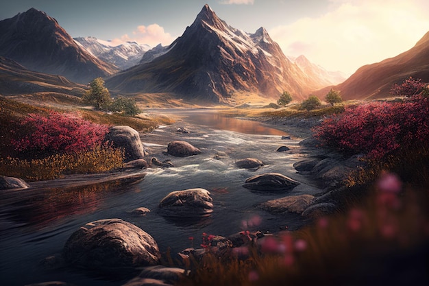 Amazing landscapes view of river and big mountain on sunrise Created with Generative AI technology