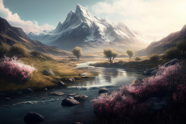 Amazing landscapes view of river and big mountain on sunrise Created with Generative AI technology