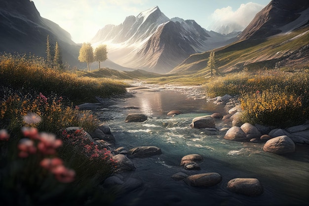 Amazing landscapes view of river and big mountain on sunrise Created with Generative AI technology