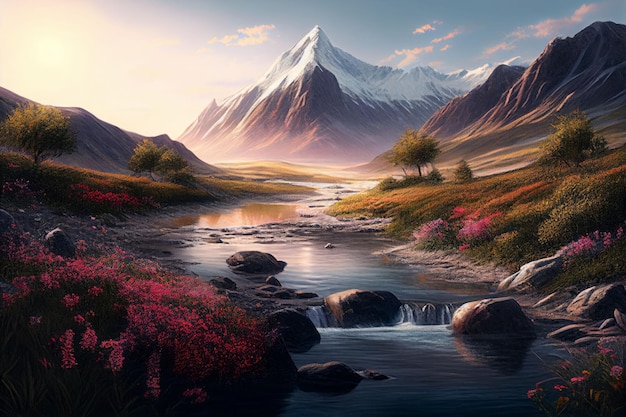 Amazing landscapes view of river and big mountain on sunrise Created with Generative AI technology