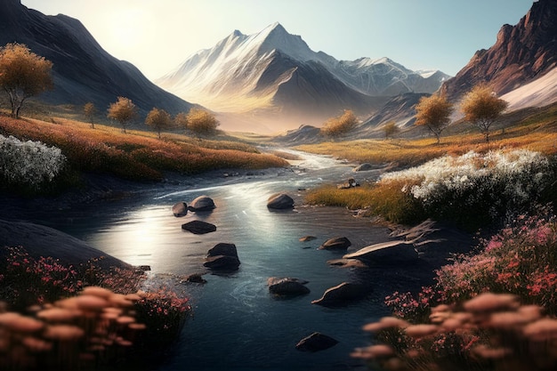 Amazing landscapes view of river and big mountain on sunrise Created with Generative AI technology