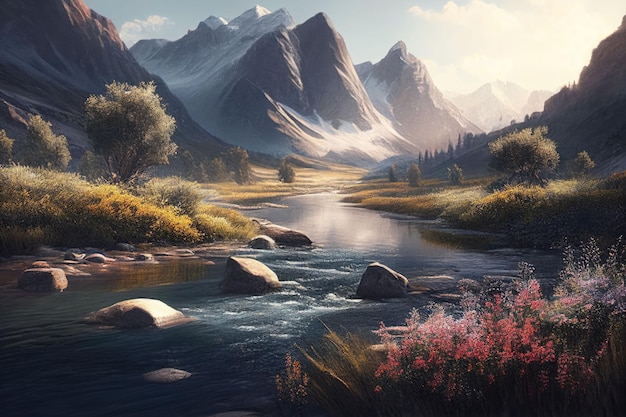 Amazing landscapes view of river and big mountain on sunrise Created with Generative AI technology