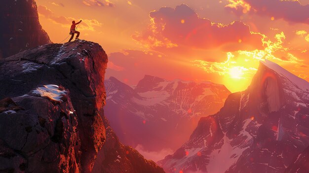 Amazing A lone hiker stands on a rocky cliff overlooking a vast ocean The sky is ablaze