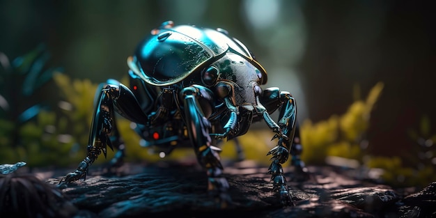 Amazing macro photography of a cyborg scarab in the nature futuristic robot implants